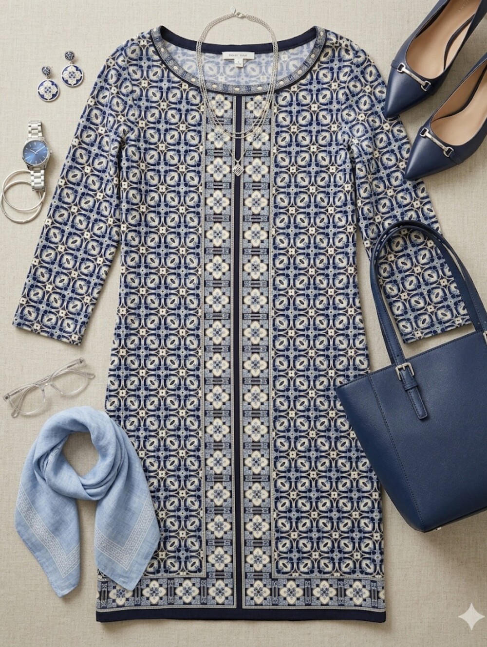 EUC Max Studio Blue and White Geo Print Scoop Neckline 3/4 Sleeve Dress, Size XS